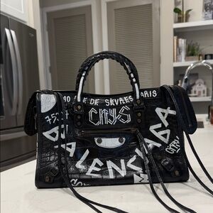 Balenciaga Black and White Graffiti Satchel